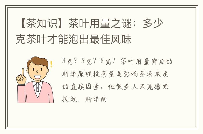 【茶知识】茶叶用量之谜:多少克茶叶才能泡出最佳风味