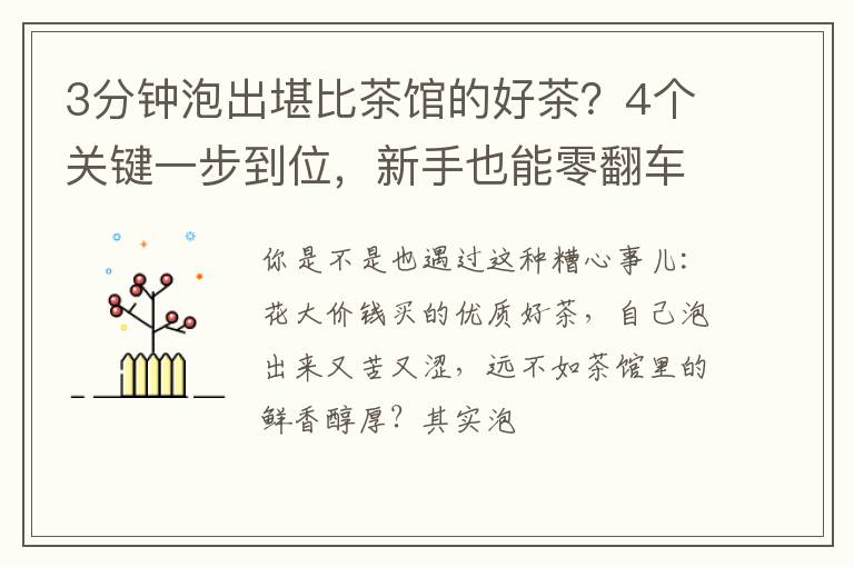 3分钟泡出堪比茶馆的好茶？4个关键一步到位，新手也能零翻车