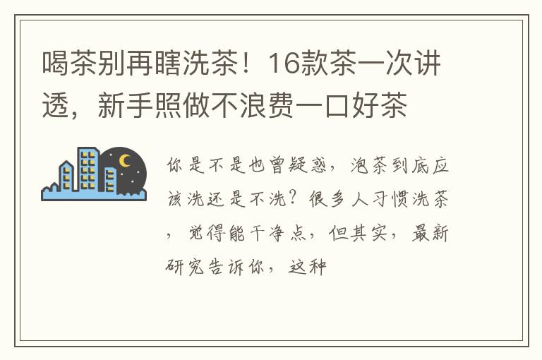 喝茶别再瞎洗茶！16款茶一次讲透，新手照做不浪费一口好茶