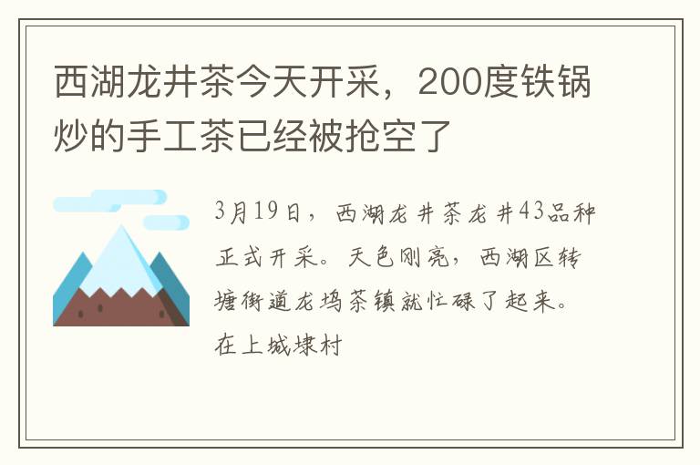 西湖龙井茶今天开采，200度铁锅炒的手工茶已经被抢空了